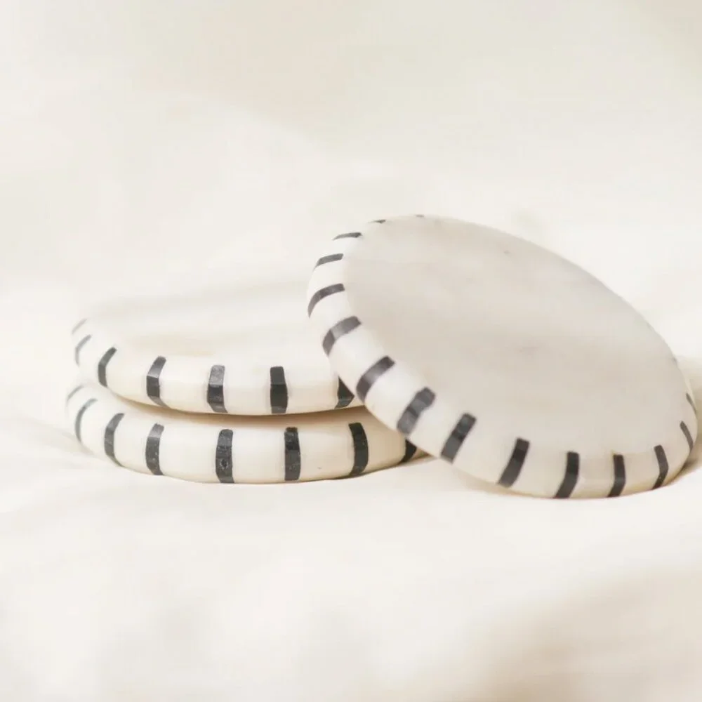 Set/2 White Marble Coasters With Black Ticking Stripes